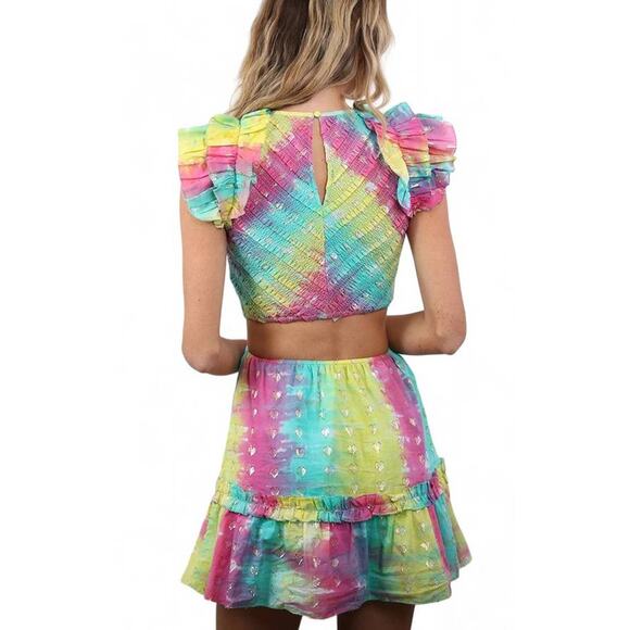 SAYLOR LEILANIE Smocked Cutout Back Mini Dress Rainbow Tie Die Aline Medium NEW - Picture 4 of 6